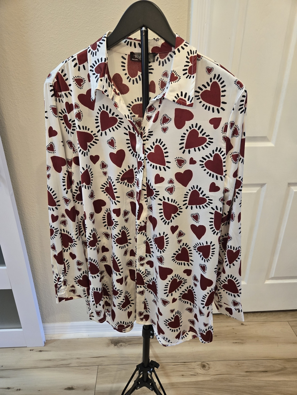 Heart Print Button-Up Shirt — Ivory & Burgundy